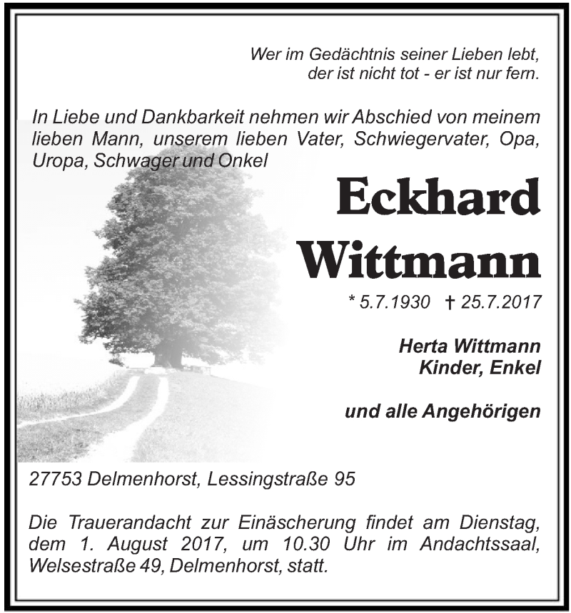 Traueranzeige von Eckhard Wittmann von WESER-KURIER