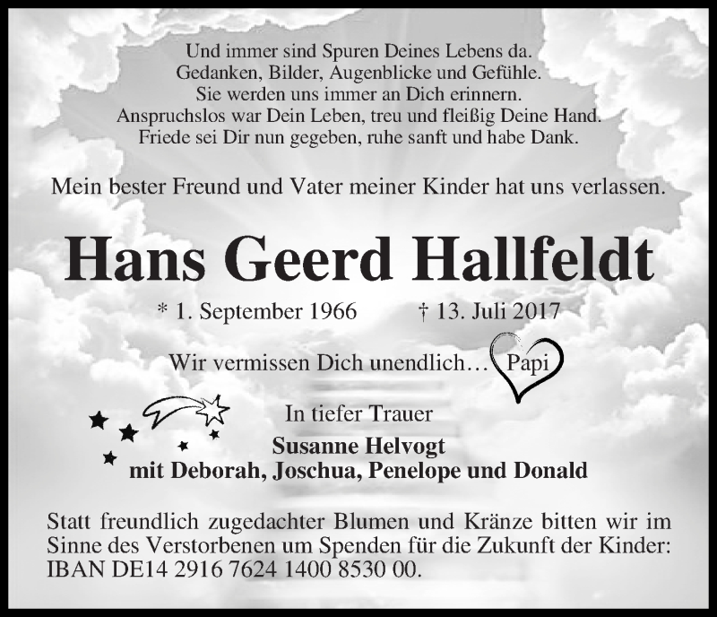  Traueranzeige für Hans Geerd Hallfeldt vom 29.07.2017 aus WESER-KURIER