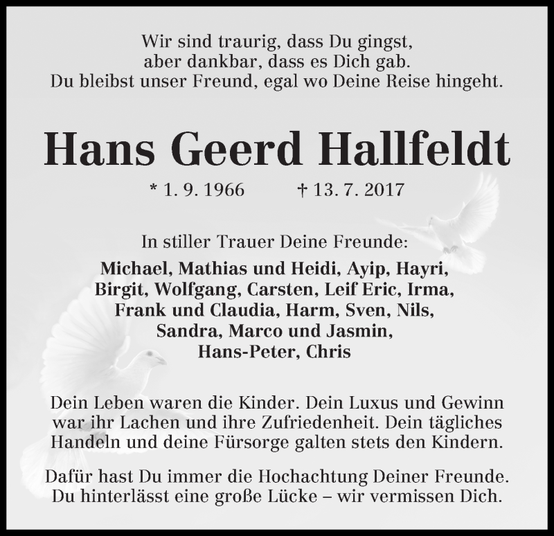  Traueranzeige für Hans Geerd Hallfeldt vom 31.07.2017 aus WESER-KURIER