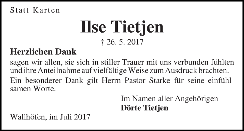  Traueranzeige für Ilse Tietjen vom 29.07.2017 aus Osterholzer Kreisblatt