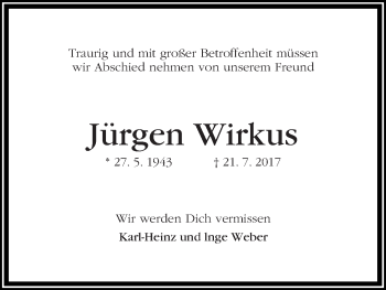 Traueranzeige von Jürgen Wirkus