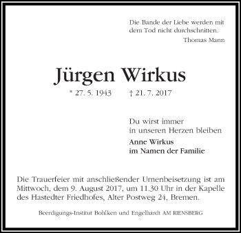 Traueranzeige von Jürgen Wirkus