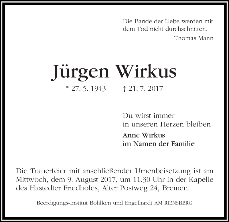  Traueranzeige für Jürgen Wirkus vom 29.07.2017 aus WESER-KURIER