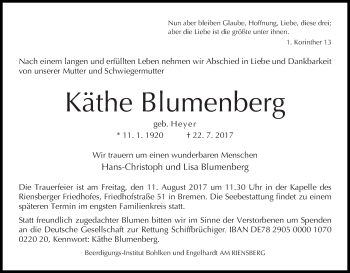 Traueranzeige von Käthe Blumenberg