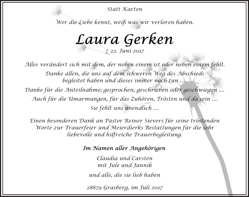  Traueranzeige für Laura Gerken vom 29.07.2017 aus Wuemme Zeitung
