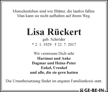 Traueranzeige von Lisa Rückert