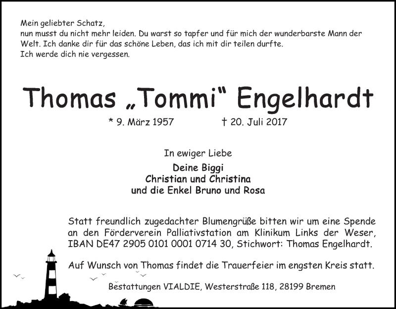  Traueranzeige für Thomas Engelhardt vom 29.07.2017 aus WESER-KURIER