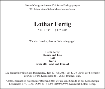 Traueranzeige von Lothar Fertig