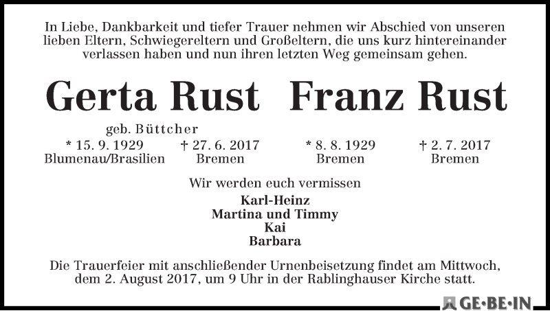 Traueranzeige von Gerta und Franz Rust von WESER-KURIER