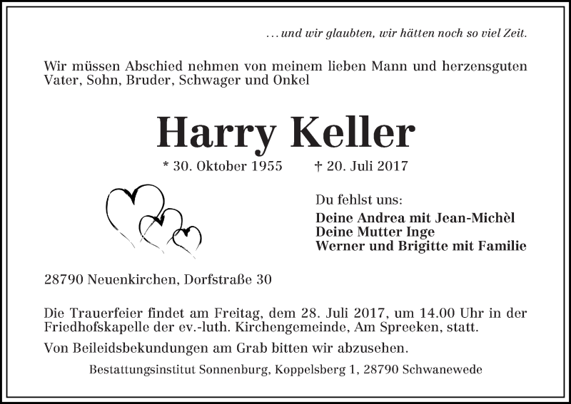 Traueranzeige von Harry Keller von Die Norddeutsche