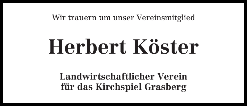 Traueranzeige von Herbert Köster von Wuemme Zeitung