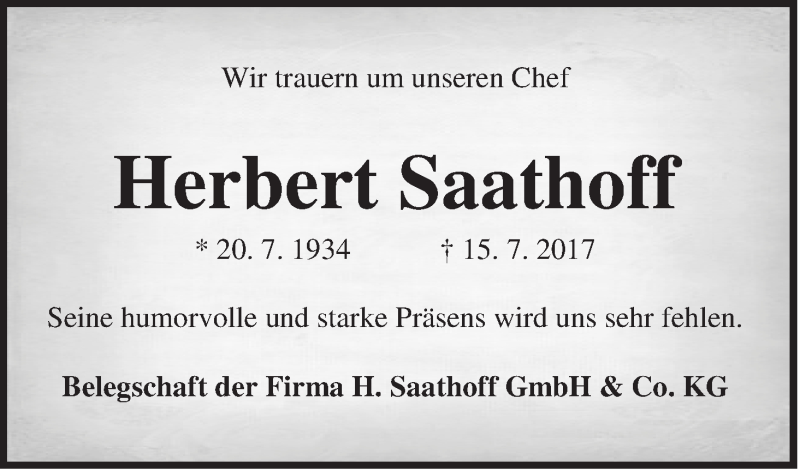  Traueranzeige für Herbert Saathoff vom 19.07.2017 aus WESER-KURIER