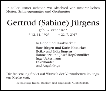 Traueranzeige von Gertrud (Sabine) Jürgens