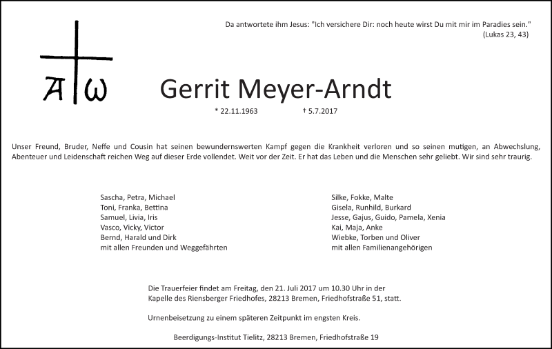  Traueranzeige für Gerrit Meyer-Arndt vom 15.07.2017 aus WESER-KURIER