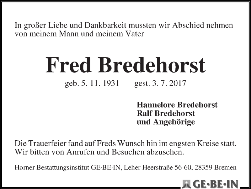  Traueranzeige für Fred Bredehorst vom 22.07.2017 aus WESER-KURIER