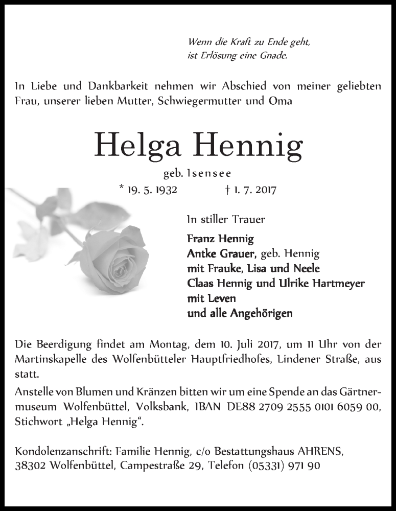 Traueranzeige von Helga Hennig von WESER-KURIER