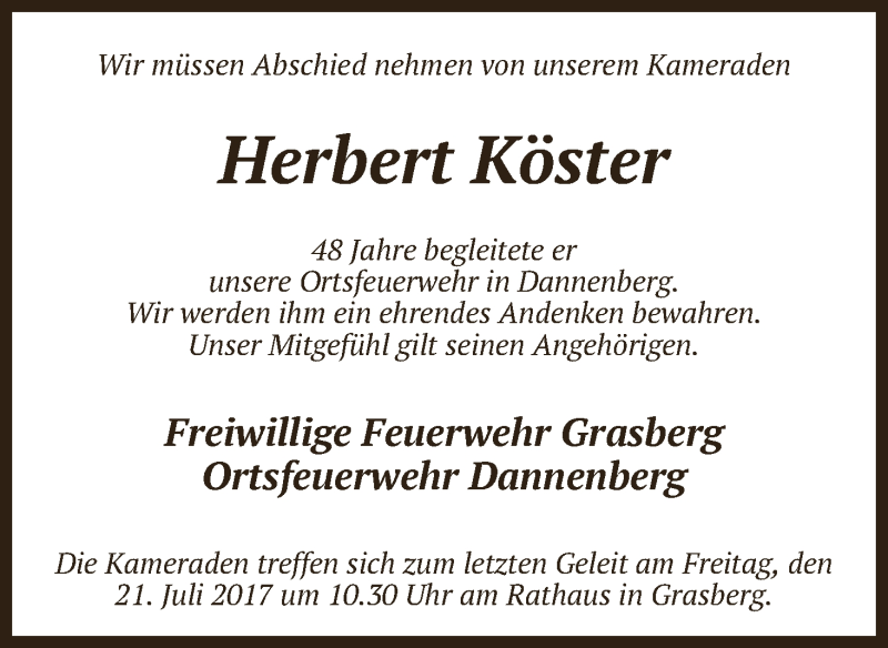 Traueranzeige von Herbert Köster von Wuemme Zeitung