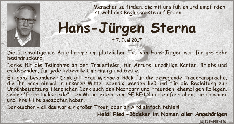  Traueranzeige für Hans-Jürgen Sterna vom 01.07.2017 aus Osterholzer Kreisblatt