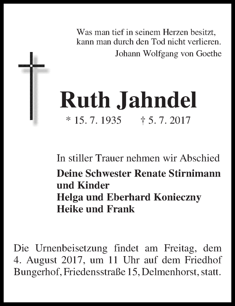 Traueranzeige für Ruth Jahndel vom 22.07.2017 aus WESER-KURIER