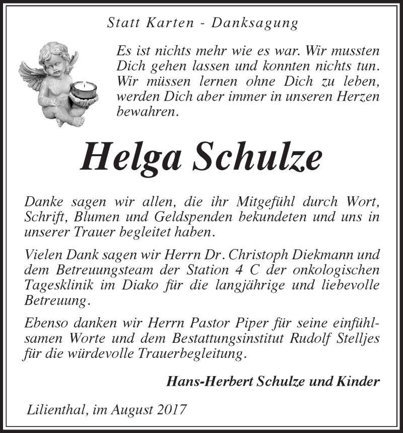  Traueranzeige für Helga Schulze vom 12.08.2017 aus WESER-KURIER