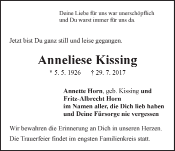 Traueranzeige von Anneliese Kissing