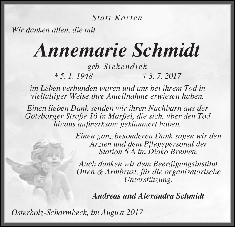  Traueranzeige für Annemarie Schmidt vom 19.08.2017 aus Osterholzer Kreisblatt