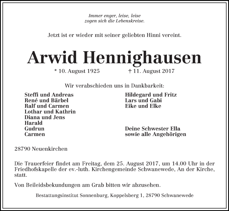 Traueranzeige von Arwid Hennighausen von Die Norddeutsche