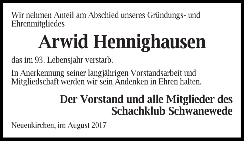 Traueranzeige von Arwid Hennighausen von Die Norddeutsche