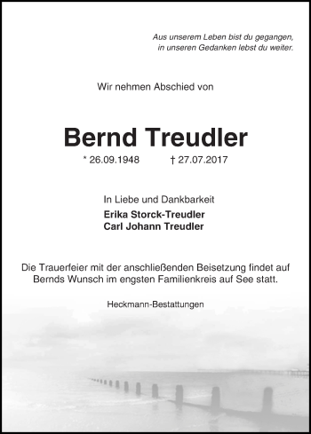 Traueranzeige von Bernd Treudler