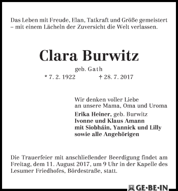 Traueranzeige von Clara Burwitz