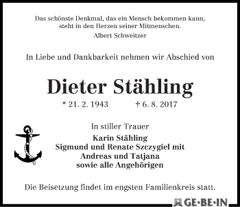Traueranzeige von Dieter Stähling