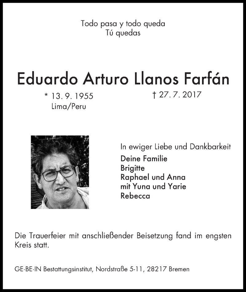  Traueranzeige für Eduardo Arturo Llanos Farfan vom 12.08.2017 aus WESER-KURIER