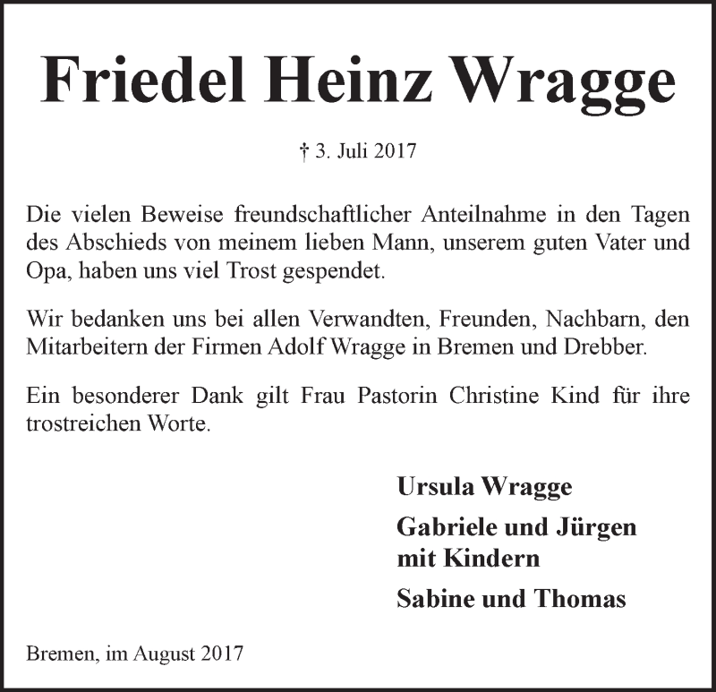  Traueranzeige für Friedel Heinz Wragge vom 05.08.2017 aus WESER-KURIER
