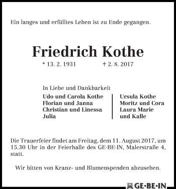 Traueranzeige von Friedrich Kothe