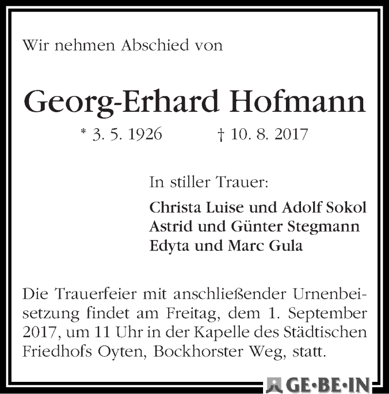  Traueranzeige für Georg-Erhard Hofmann vom 19.08.2017 aus WESER-KURIER