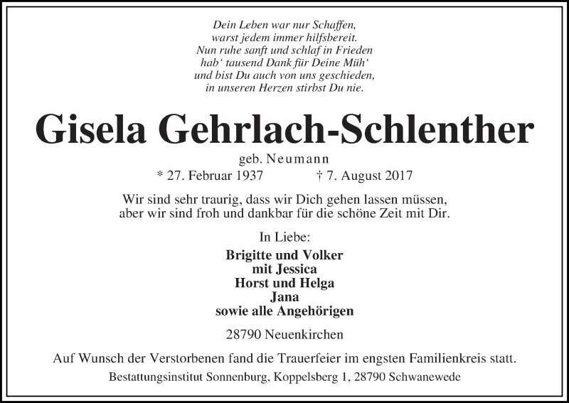 Traueranzeige von Gisela Gehrlach-Schlenther von Die Norddeutsche