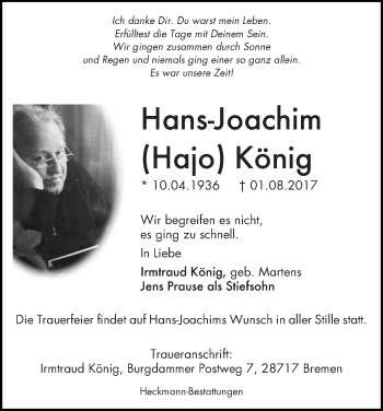 Traueranzeige von Hans-Joachim (Hajo) König