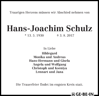 Traueranzeige von Hans-Joachim Schulz