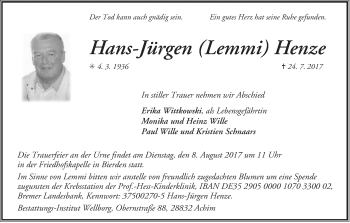 Traueranzeige von Hans-Jürgen (Lemmi) Henze