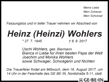 Traueranzeige von Heinz (Heinzi) Wohlers