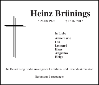 Traueranzeige von Heinz Brünings