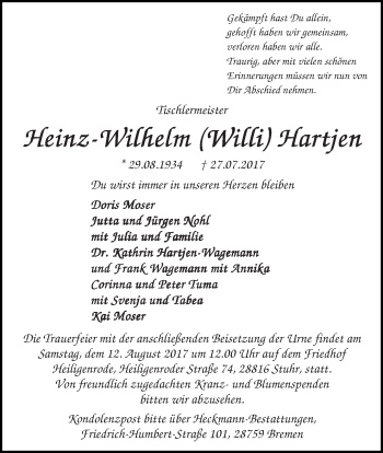 Traueranzeige von Heinz-Wilhelm (Willi) Hartjen