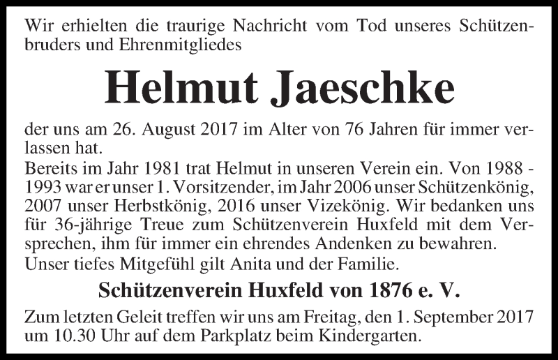  Traueranzeige für Helmut Jaeschke vom 29.08.2017 aus Wuemme Zeitung