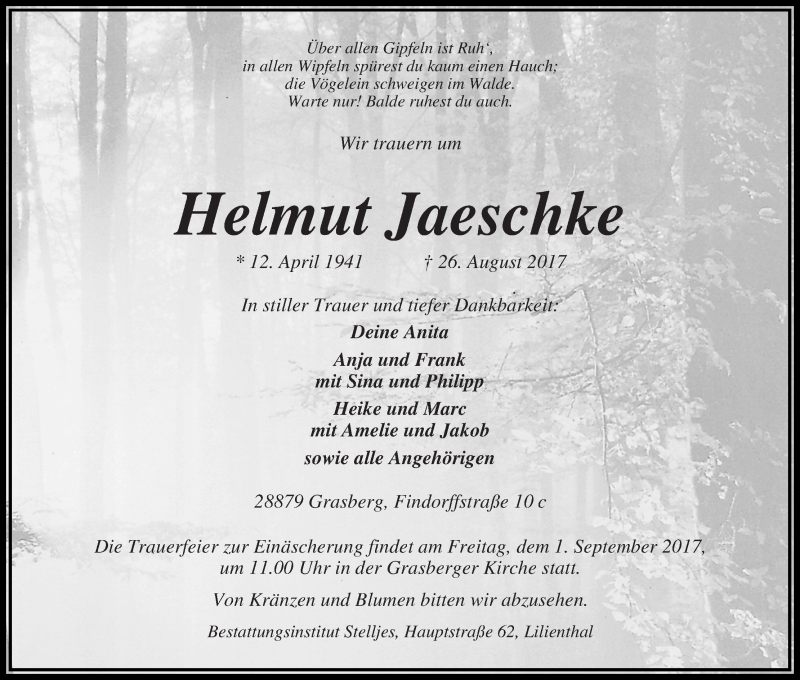  Traueranzeige für Helmut Jaeschke vom 29.08.2017 aus Wuemme Zeitung
