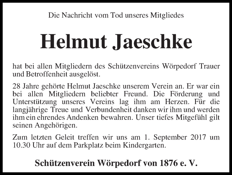  Traueranzeige für Helmut Jaeschke vom 30.08.2017 aus Wuemme Zeitung