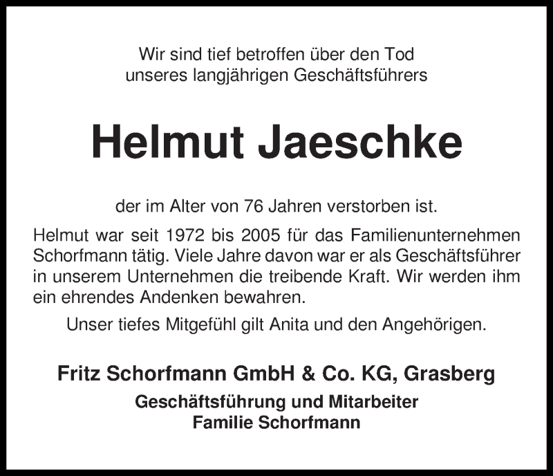  Traueranzeige für Helmut Jaeschke vom 30.08.2017 aus Wuemme Zeitung