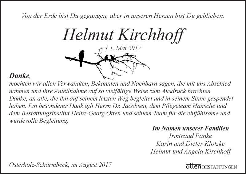 Traueranzeige von Helmut Kirchhoff von Osterholzer Kreisblatt