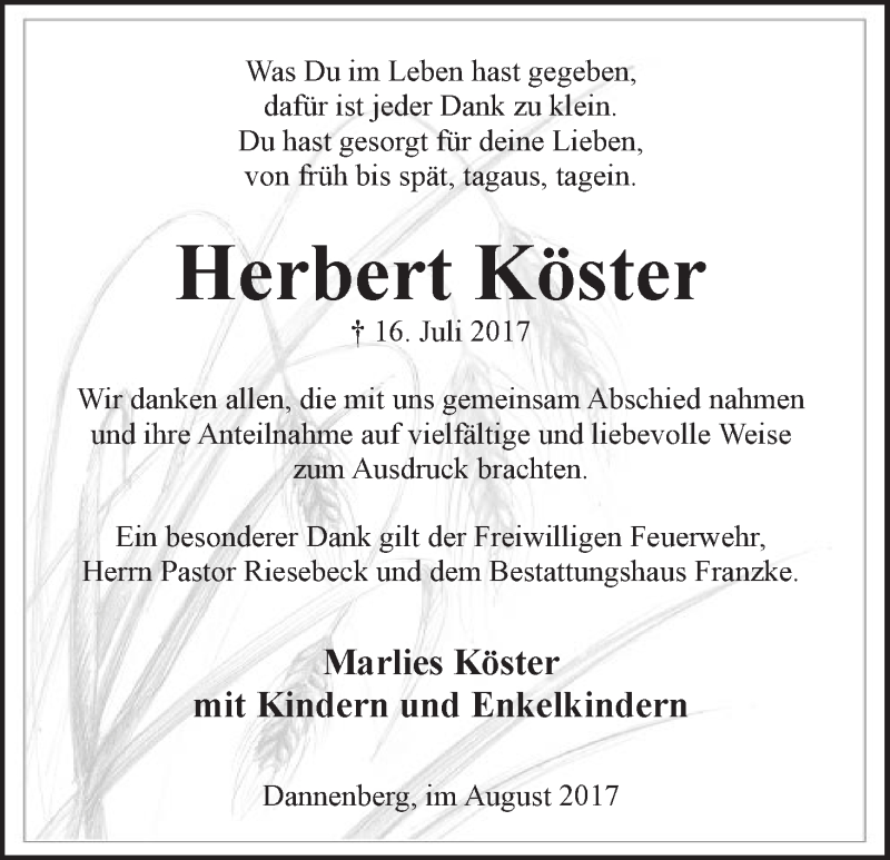 Traueranzeige von Herbert Köster von Wuemme Zeitung