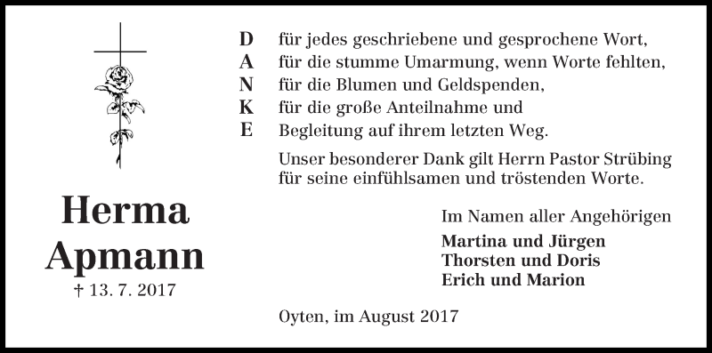 Traueranzeigen Von Herma Apmann | Trauer & Gedenken