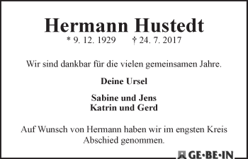Traueranzeige von Hermann Hustedt